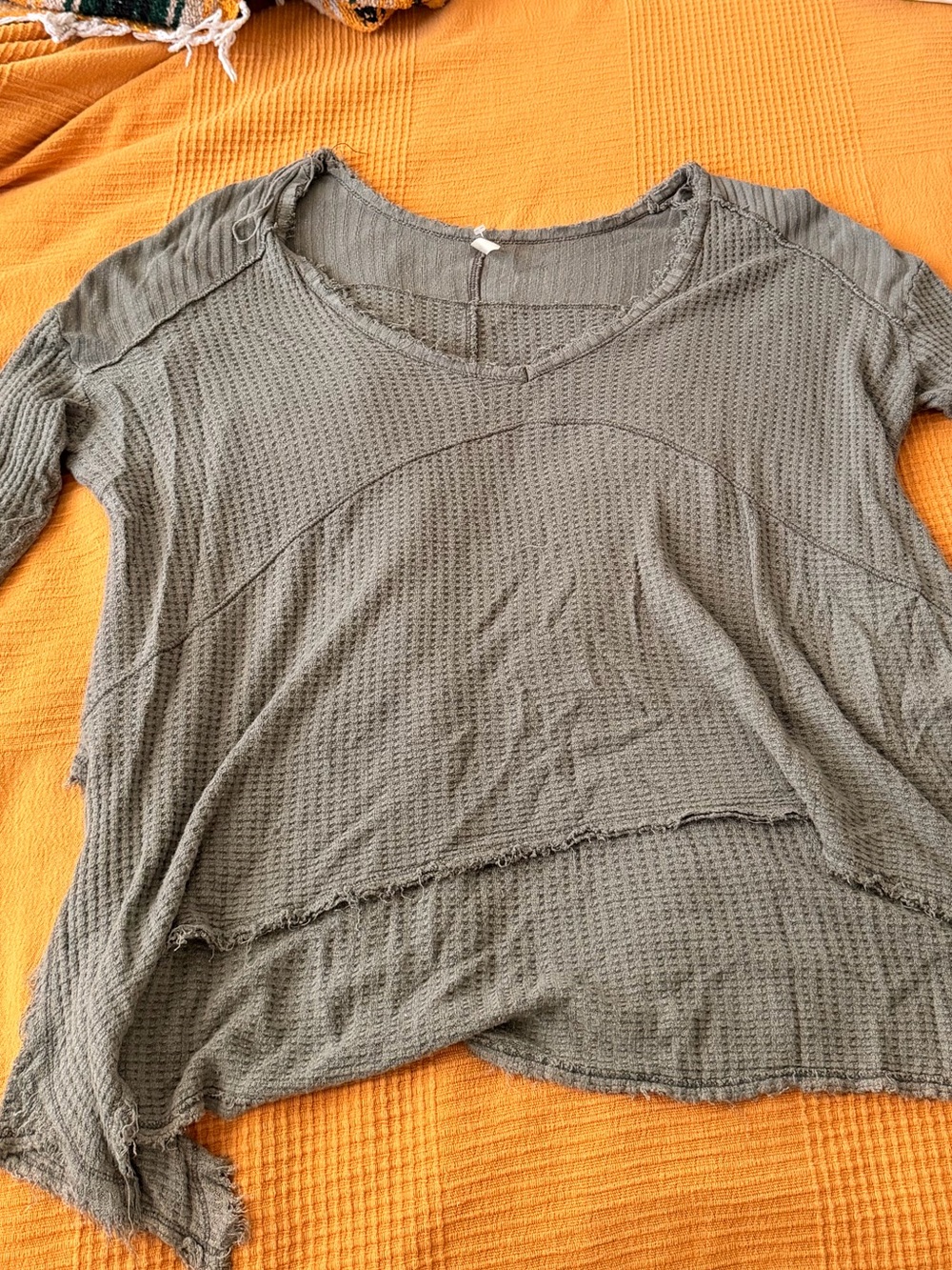 Free People Olive Green Waffle Knit Long Sleeve Top